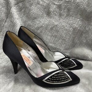 Garolini Vintage Black High Heels with Rhinestones Sz 5.5 made in Italy